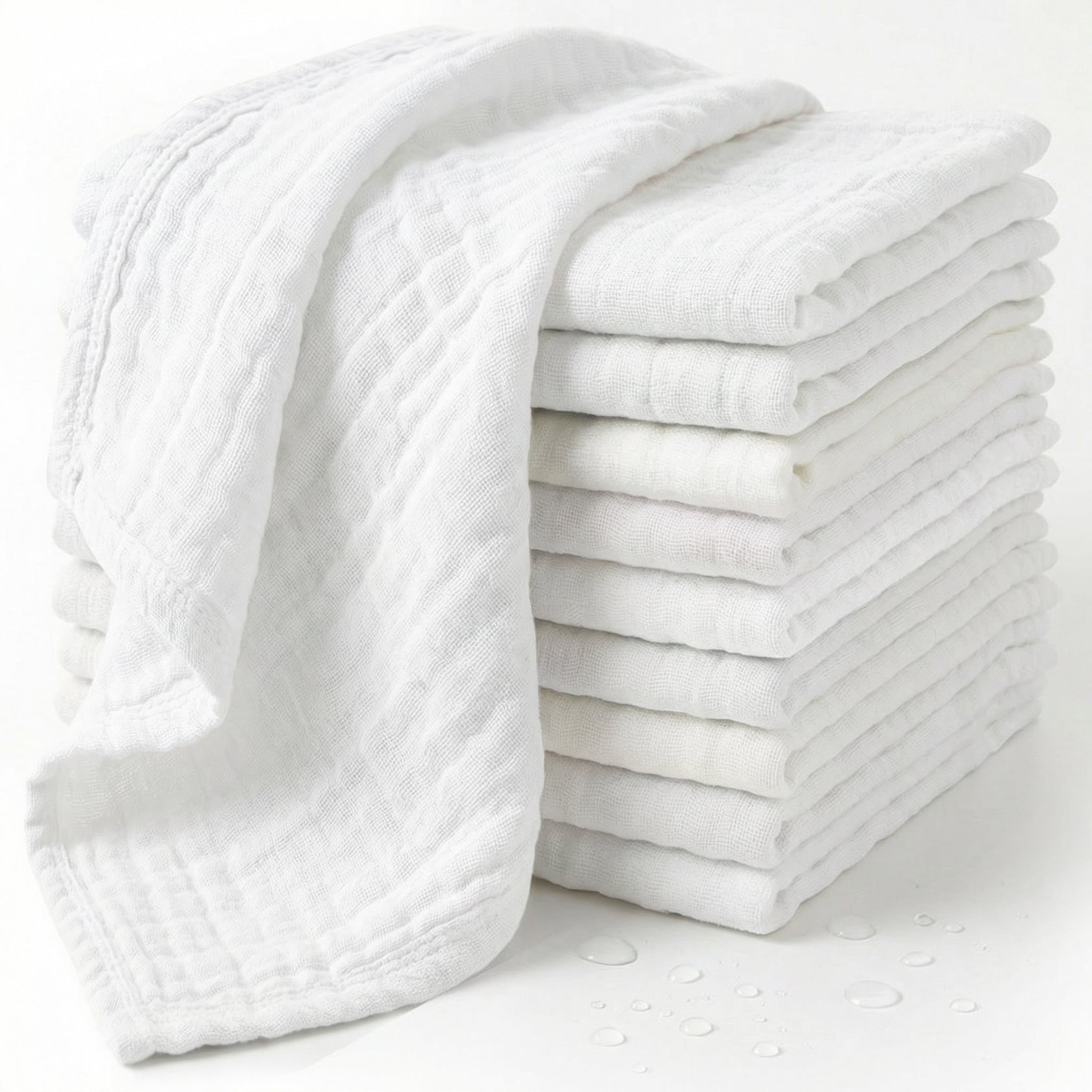 10 pack white cotton muslin baby washcloths stacked, soft absorbent wash cloths for newborn bath time and sensitive skin