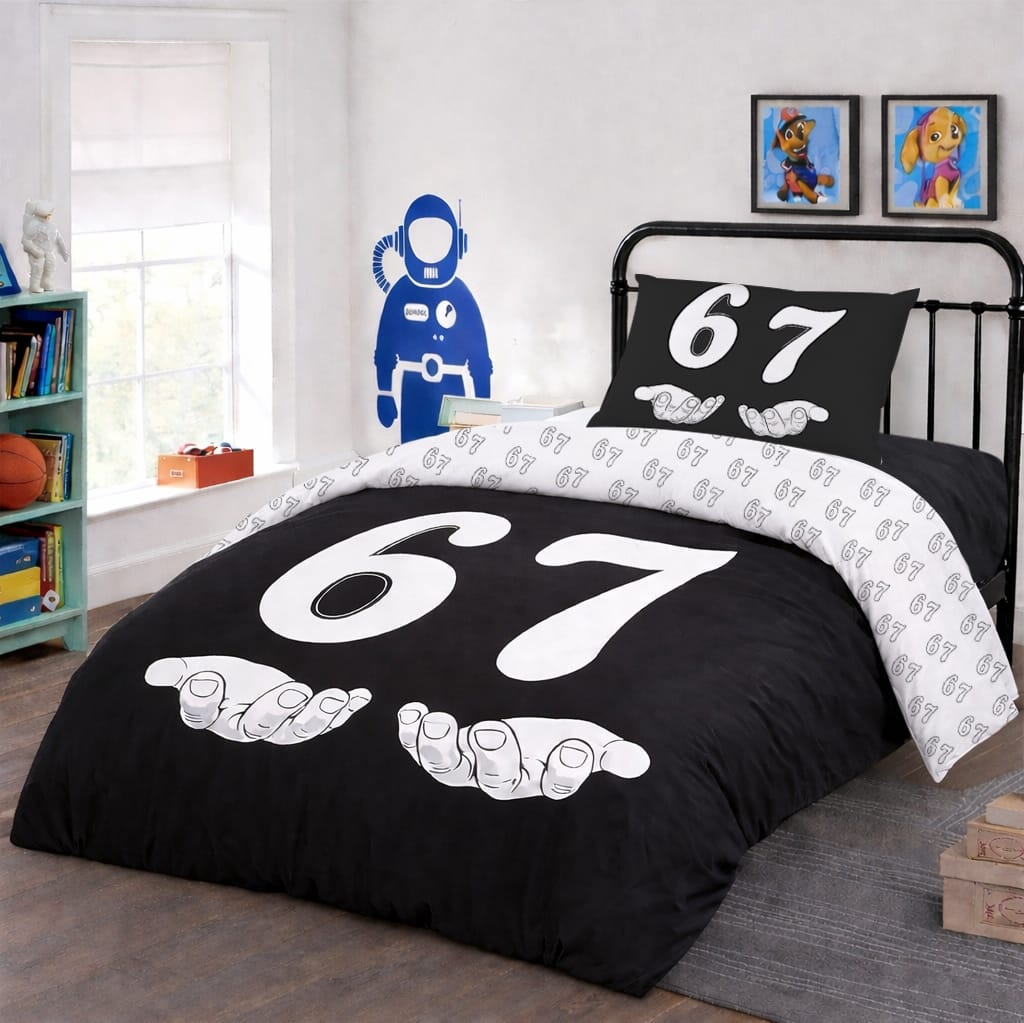 6-7 reversible twin duvet cover set on black bed frame in kids bedroom, bold white number 67 design