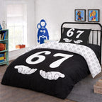 6-7 reversible twin duvet cover set on black bed frame in kids bedroom, bold white number 67 design