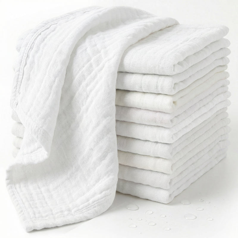 10 pack white cotton muslin baby washcloths stacked, soft absorbent wash cloths for newborn bath time and sensitive skin