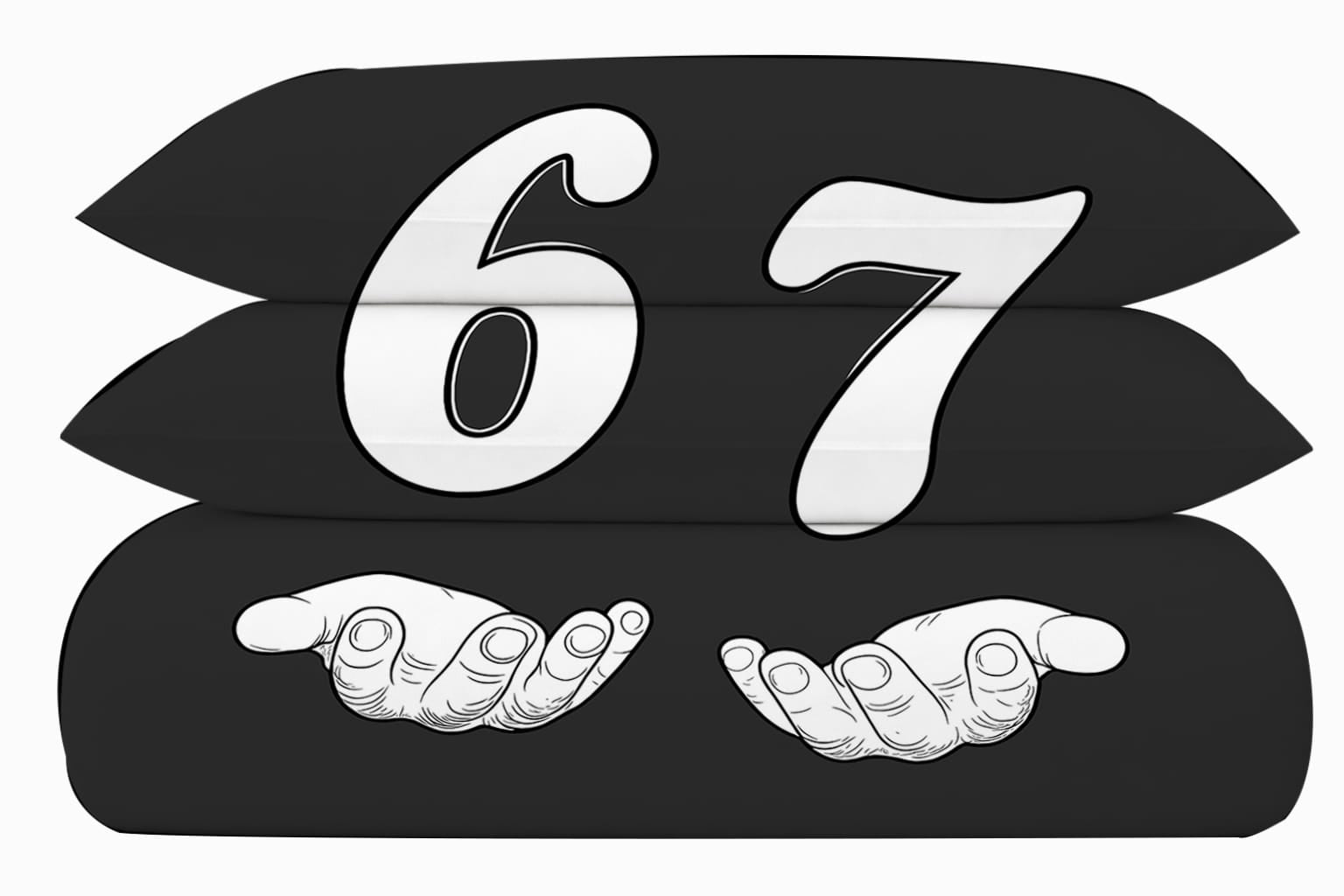Detail of 6-7 bedding graphic — bold white number 67 with cartoon hands on black duvet cover, reversible side shown