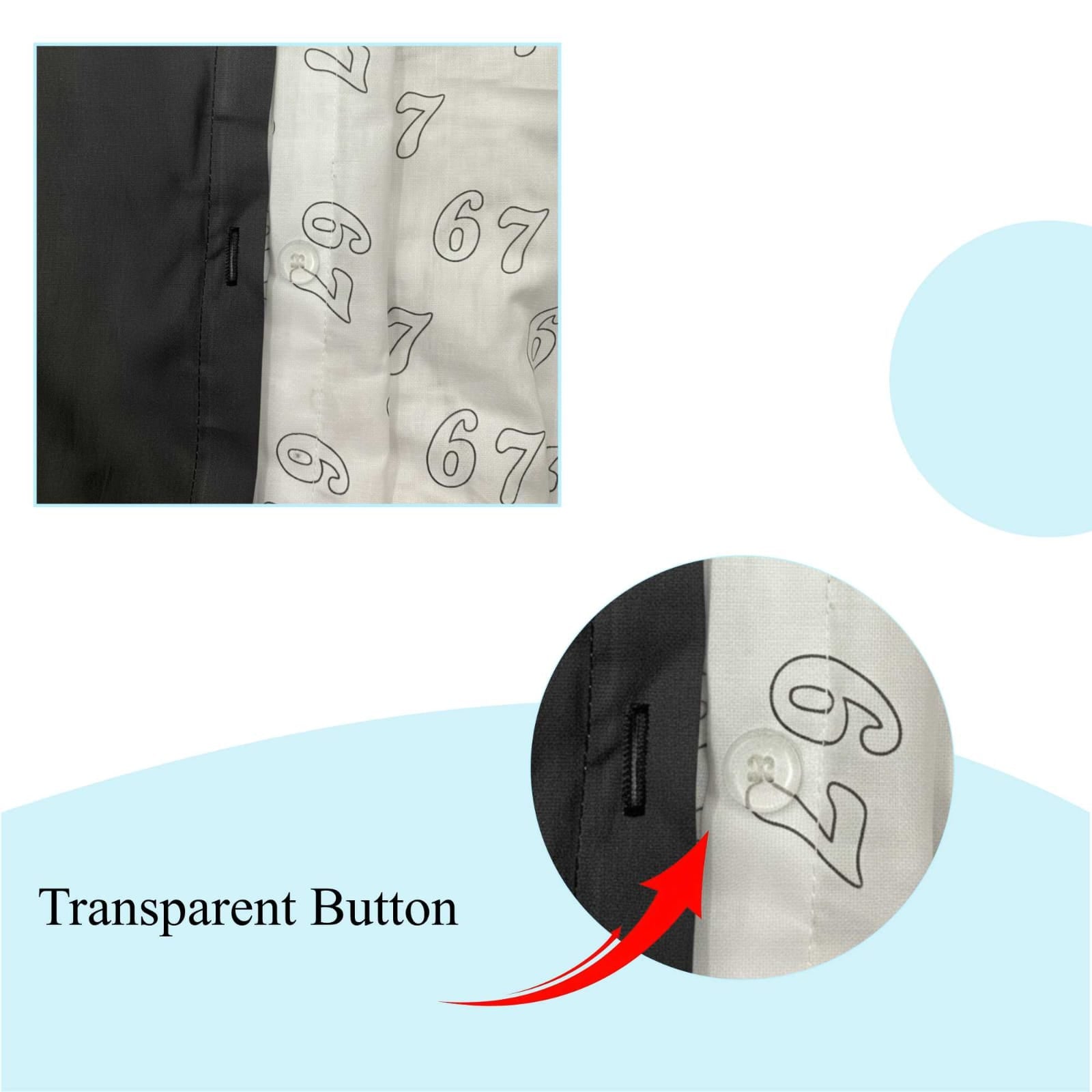 Detail shot of 6-7 reversible duvet cover showing transparent button closure and reversible number pattern fabric